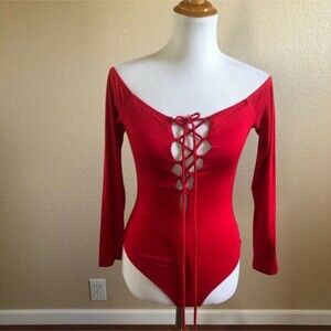 NBD Revolve Red Kendall Lace Up Long Sleeve Knit Bodysuit Top XS New NWT